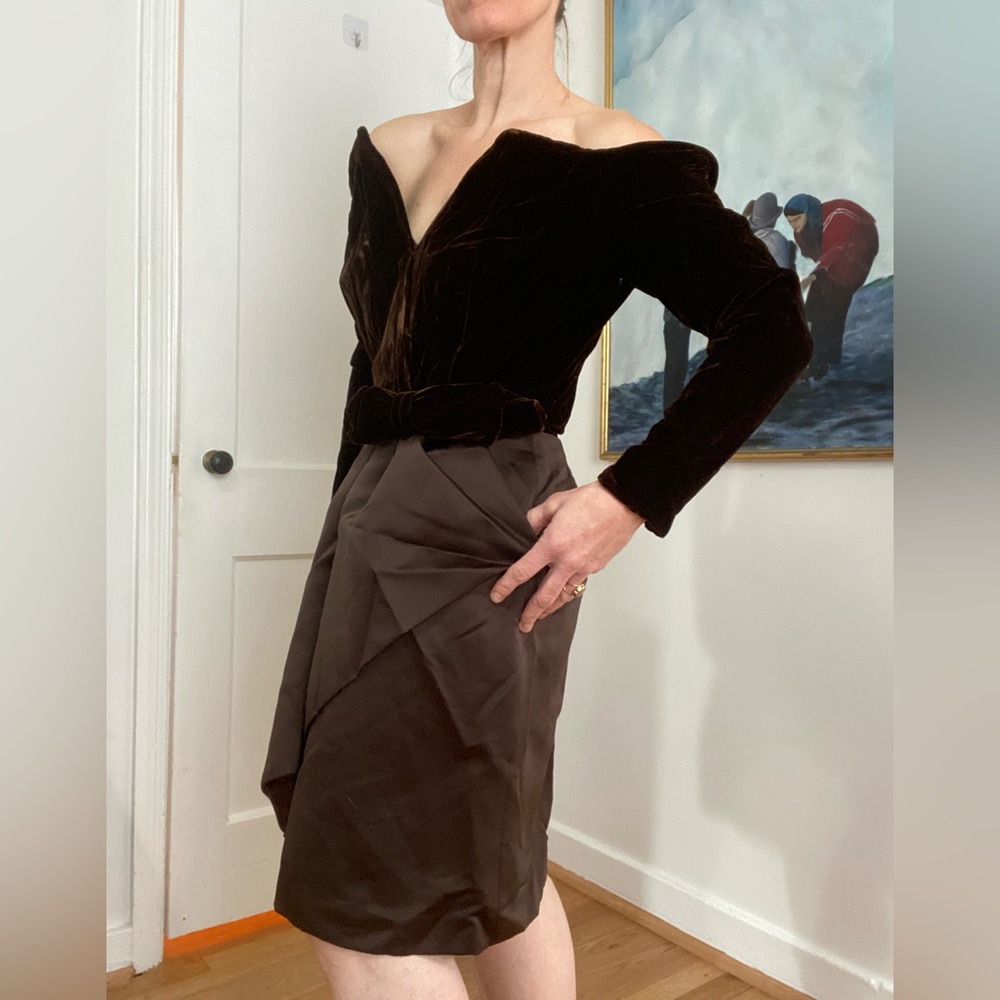 Brown Velvet & Satin 80s off the Shoulder Party Dress